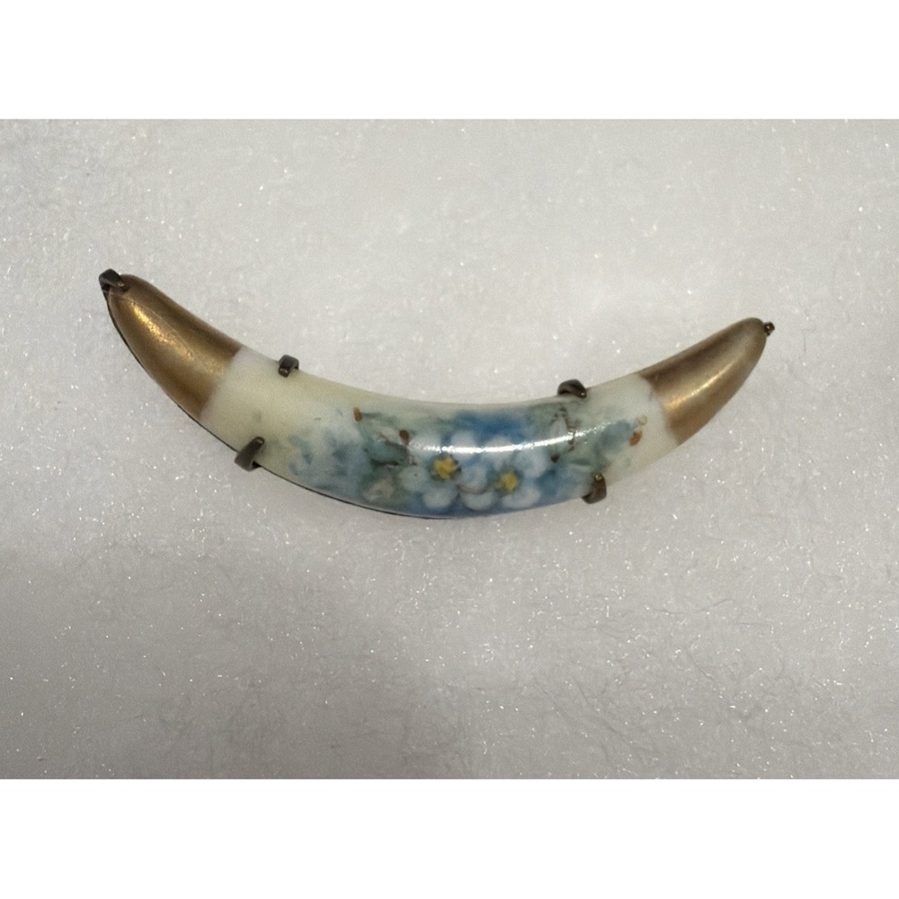 Antique Victorian Edwardian Floral Porcelain Pin  Crescent Shape Brooch